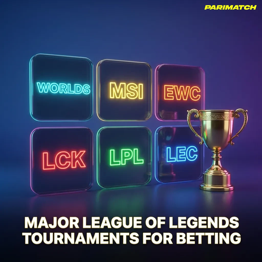 League of Legends tournament logos including Worlds, MSI, LCK, LPL, and LEC championships for esports betting — Parimatch in India