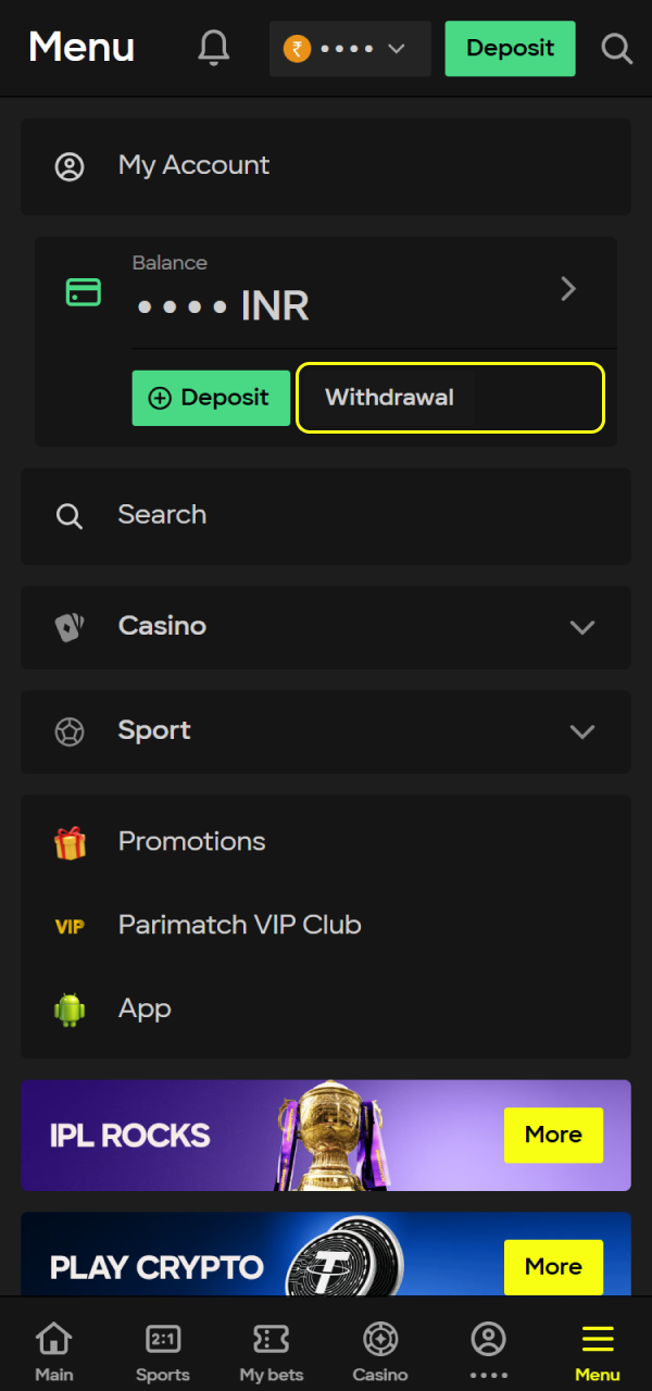 Cash out your successful returns from playing Parimatch Slot Machines.