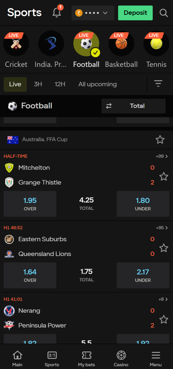 Choose a match to begin the Parimatch Android Bet process in India.