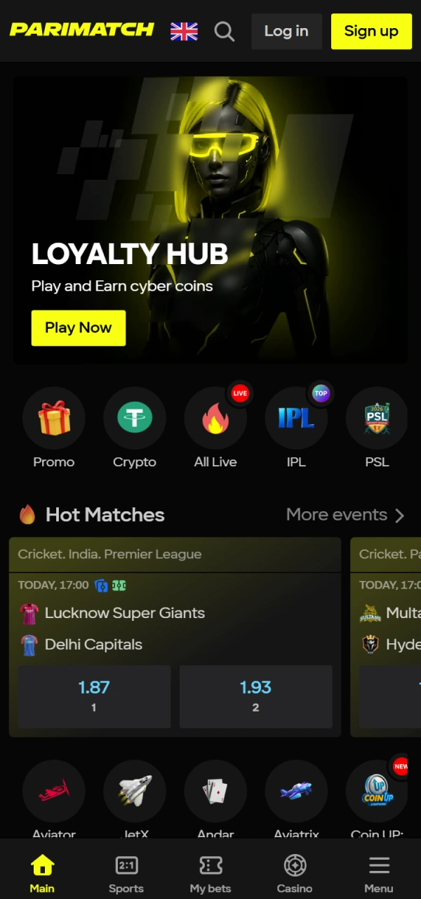 View the Parimatch Android App home screen for live cricket betting in India.