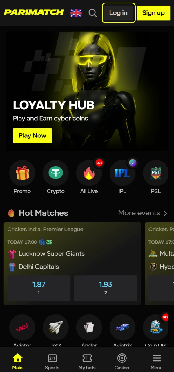Launch the app and find the Parimatch Android Login button to enter.