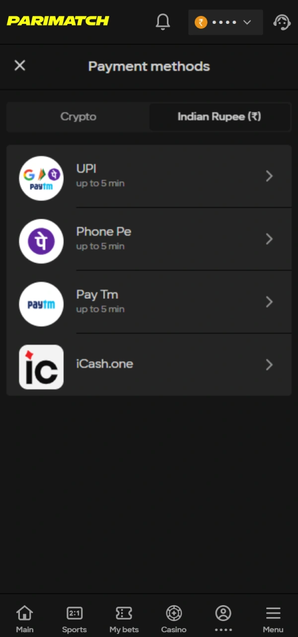 Pick a secure Indian system for your Parimatch India deposit.