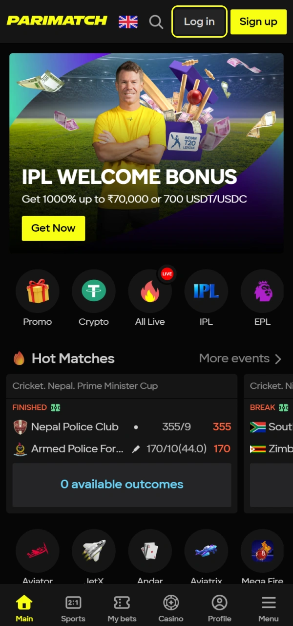 Find the entry point to continue with your Parimatch iOS App Login.