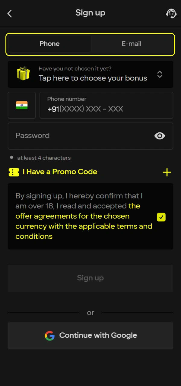 Select phone or email to continue your Sign Up on Parimatch in India.